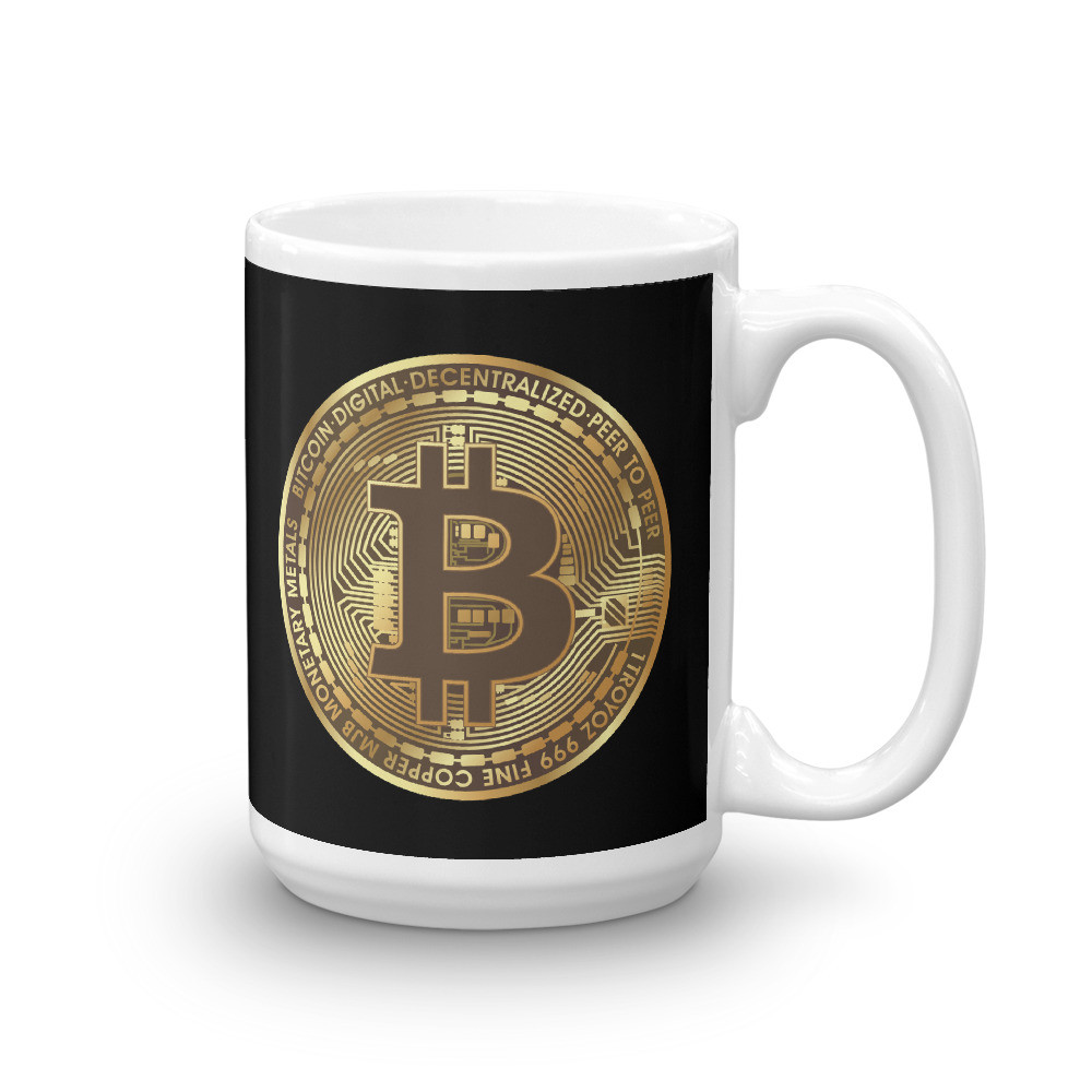 Gold and Brown Bitcoin on Black Mug
