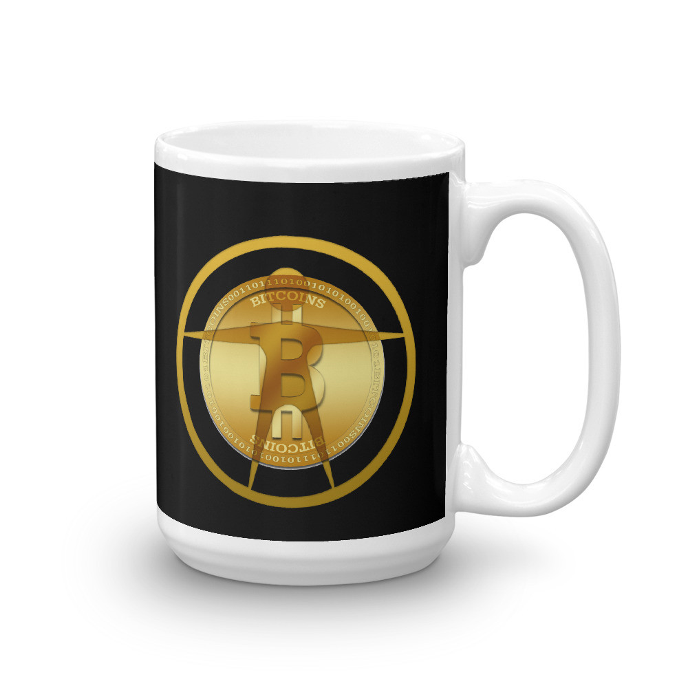 Golden Bitcoin Figurine on Black Mug