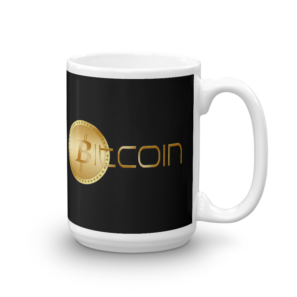 Long Gold Bitcoin on Black Mug