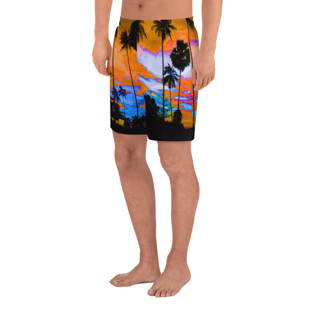 Men's Athletic Long Shorts Palm trees orange blue sky