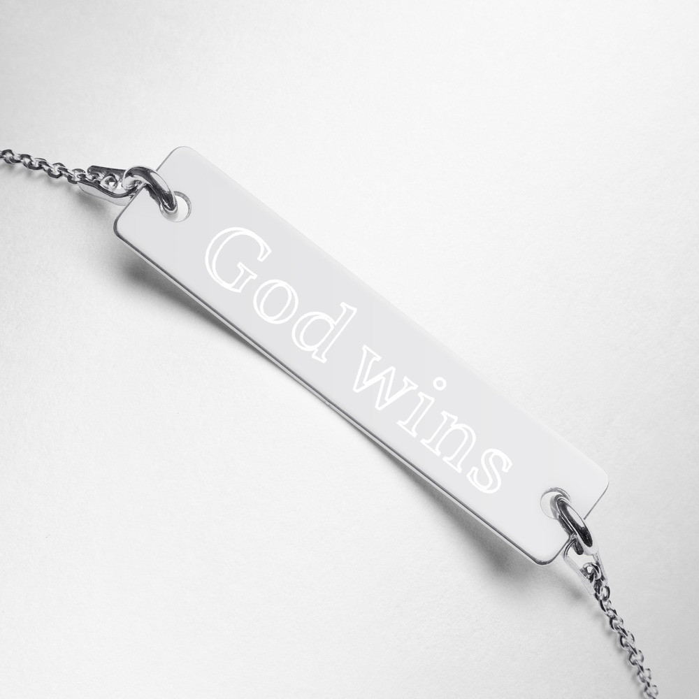 God Wins Engraved Silver Bar Chain Necklace