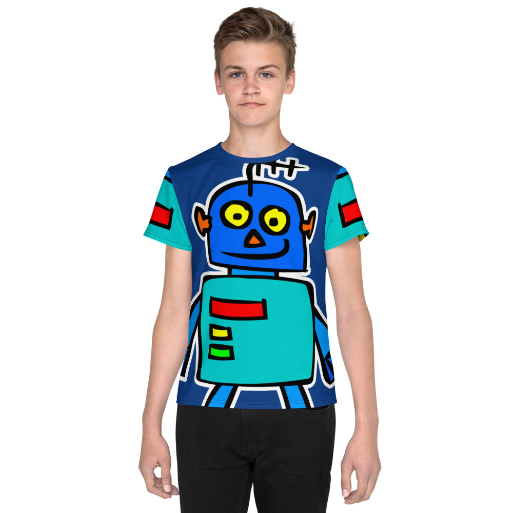 All-Over Blue Android Robot Cartoon Cute Modern Print T-Shirt