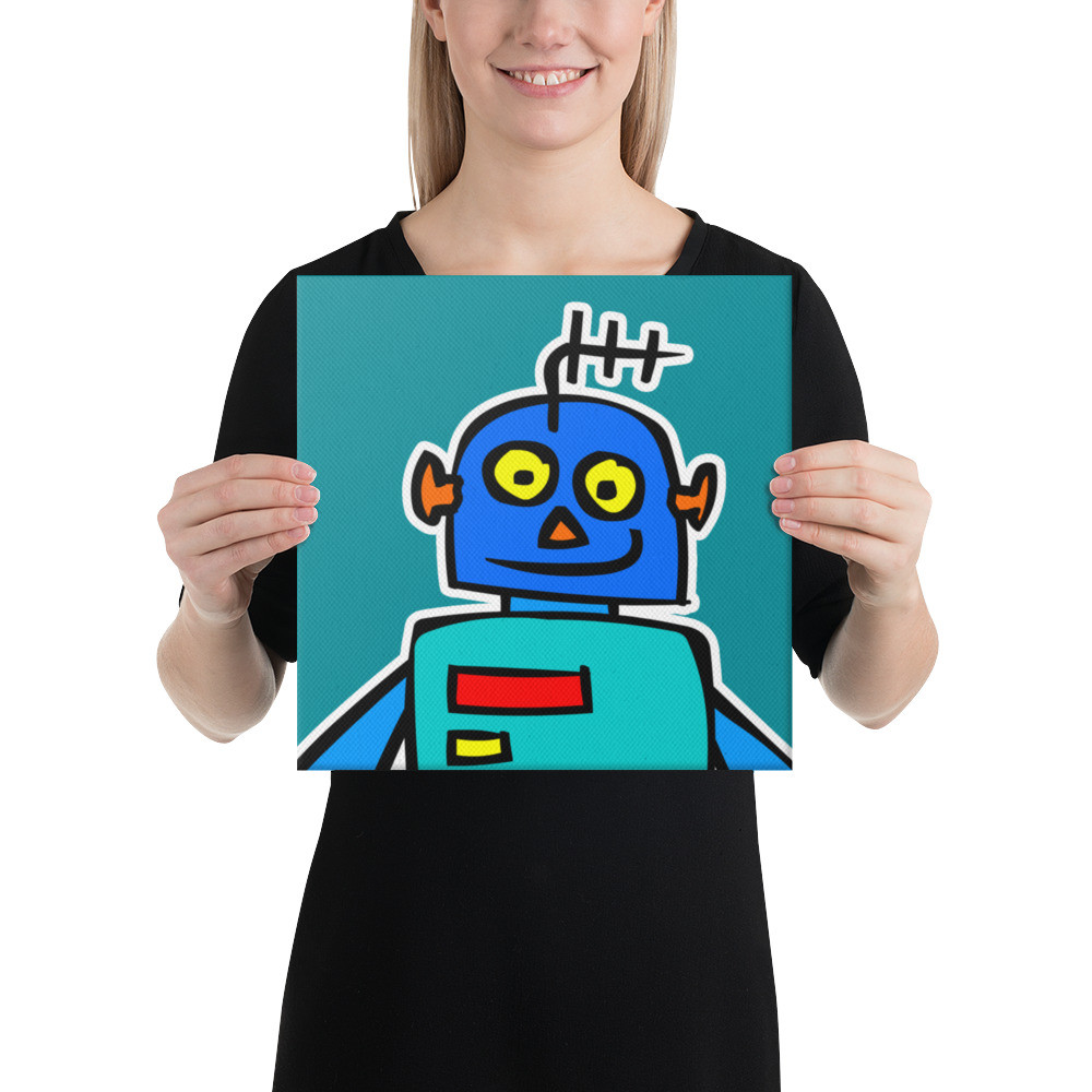 Blue Robot Yellow Eyes Teal LEDs Alien Canvas Print Studio Office Classroom Home 