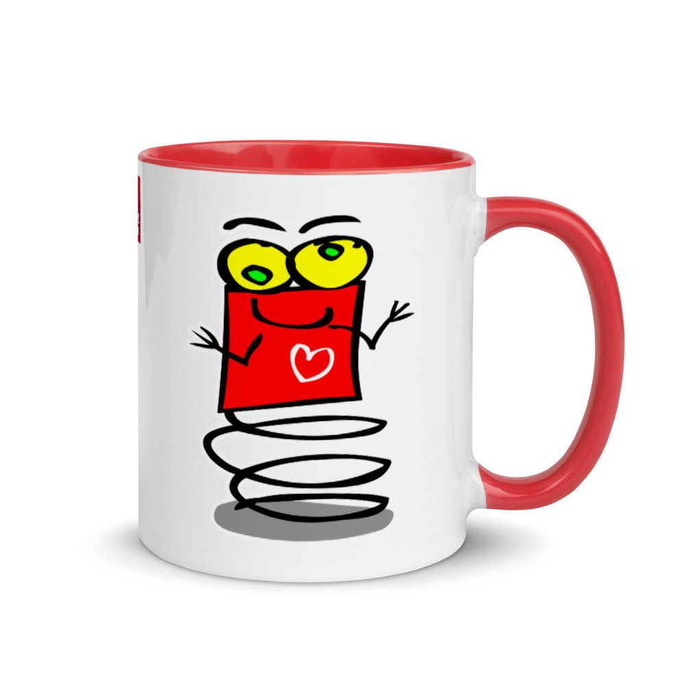 Boingy the Red Bouncing Valentines Day Love Heart Robot Spring Alien Cute Mug with Color Inside
