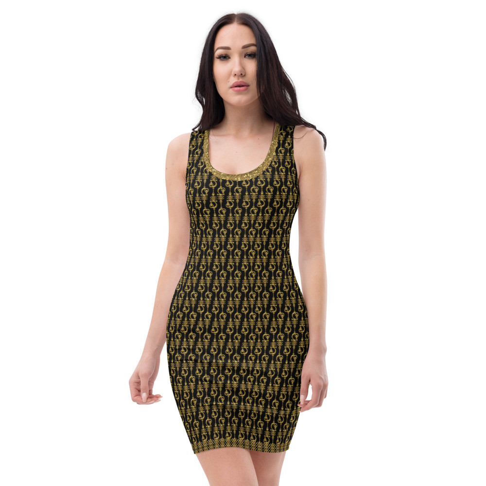 HLS Golden Glyph Unity Symbol Monogram - Fitted Dress GoldBlk