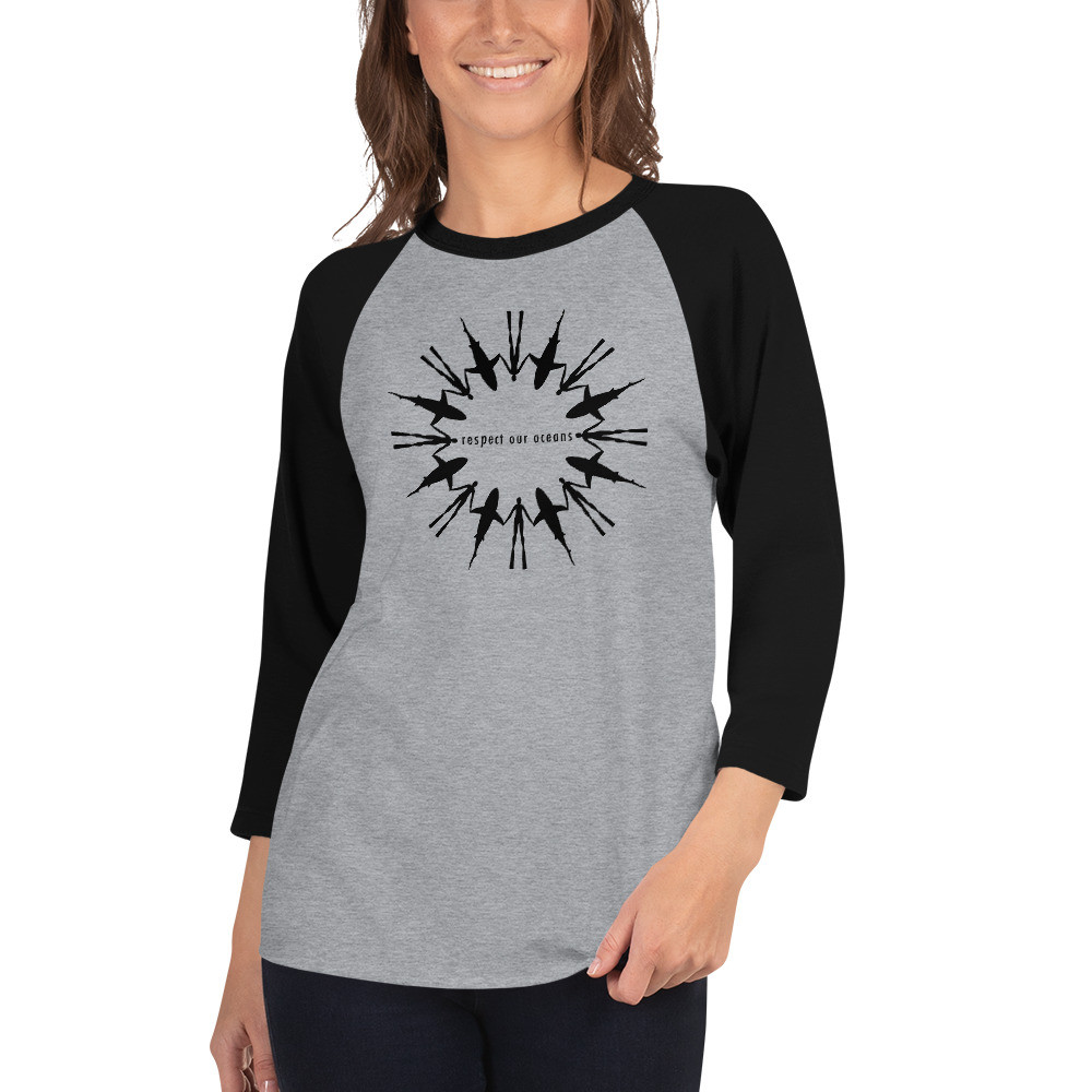 Respect Our Oceans Shark (Black) - Unisex 3/4 Sleeve Raglan Shirt