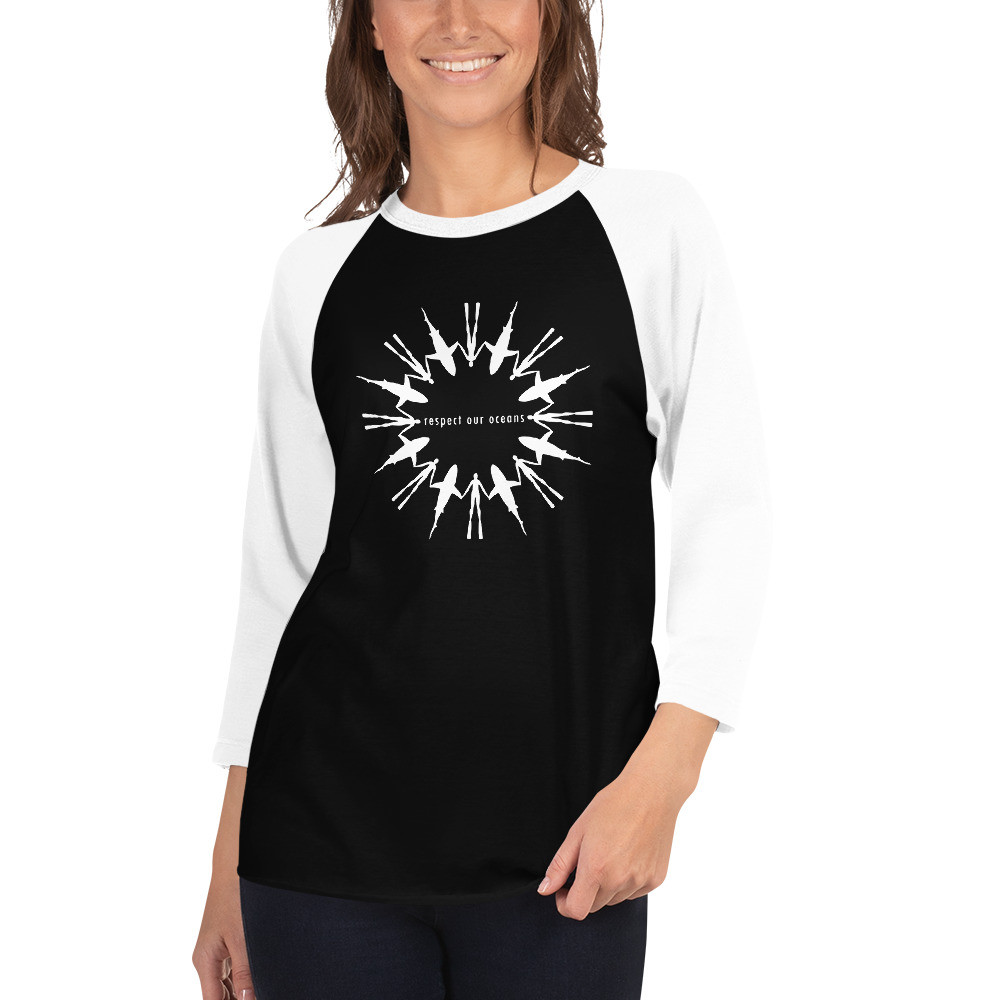 Respect Our Oceans Shark (White) - Unisex 3/4 Sleeve Raglan Shirt