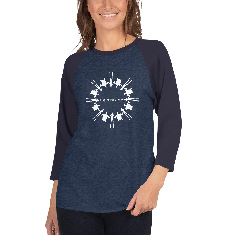 Respect Our Oceans Turtle (White) - Unisex 3/4 Sleeve Raglan Shirt