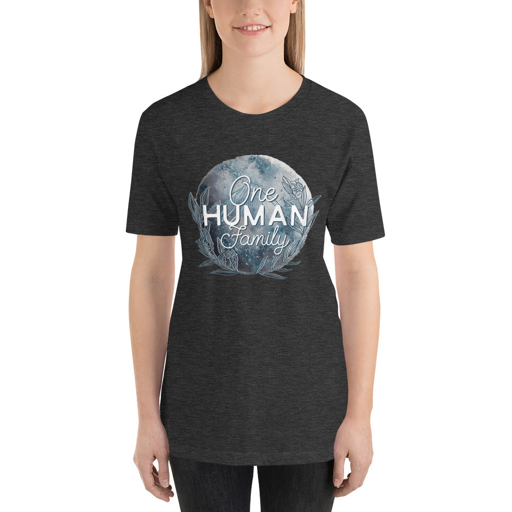 One human family, floral, mountain, earth, moon,  Short-Sleeve Unisex T-Shirt