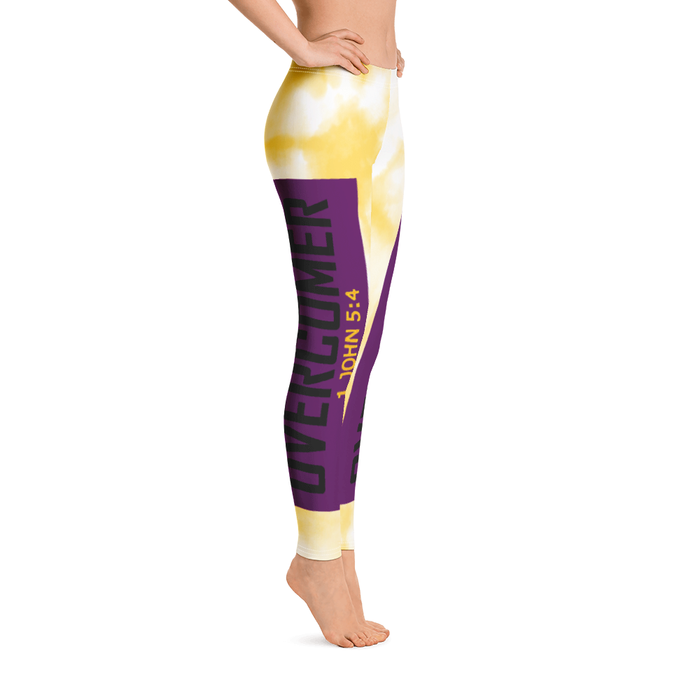 Overcomer - 1 John 5:4 - Purple over Yellow & White Tie Dye Leggings - For Her