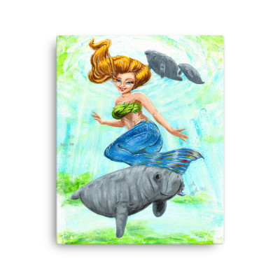 Mermaid and Manatee Spring Canvas