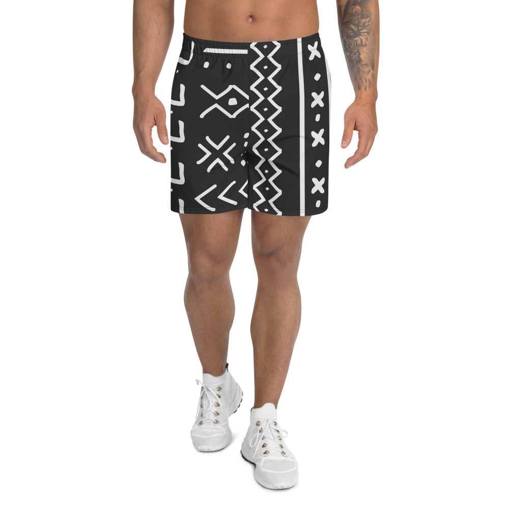 Men's Black Mud Cloth Inspired Athletic Long Shorts  V