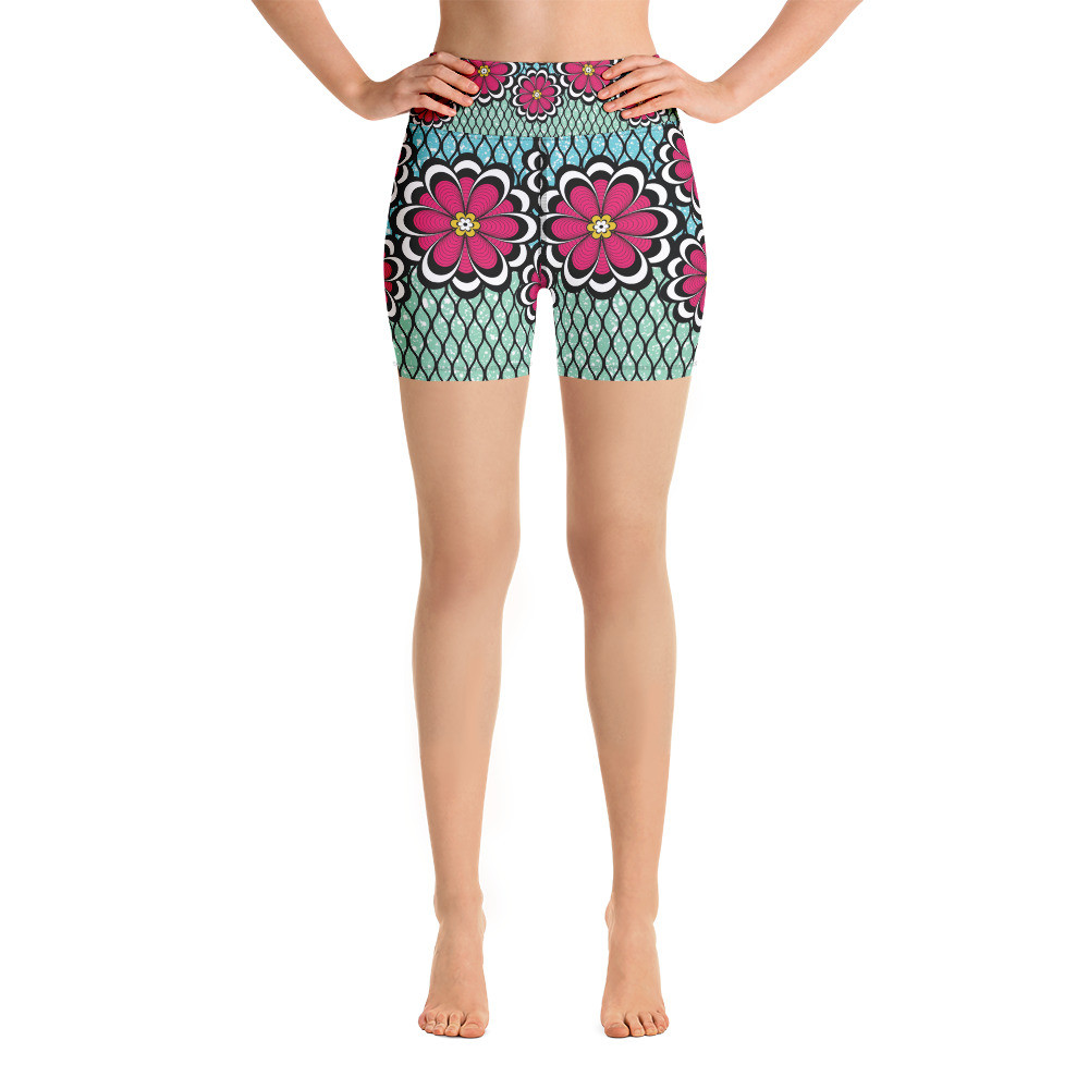 Pink Flowers Yoga Shorts