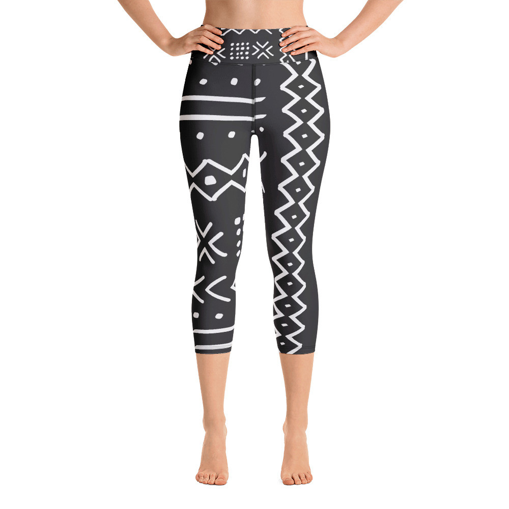 Black Mud Cloth Inspired Yoga Capri Leggings V