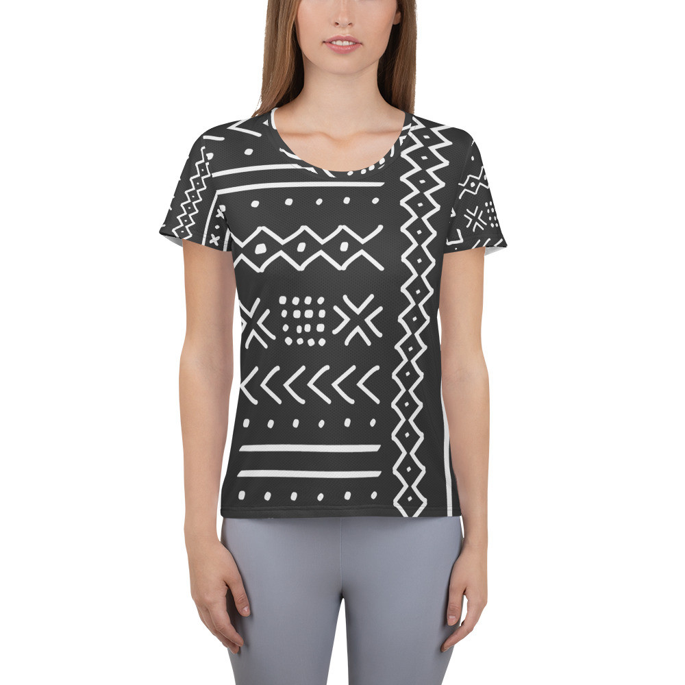 Women's Black Mud Cloth Inspired Athletic T-shirt V