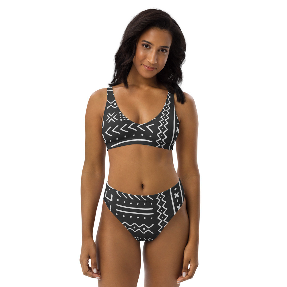Black Mud Cloth Inspired Recycled High-waisted Bikini V