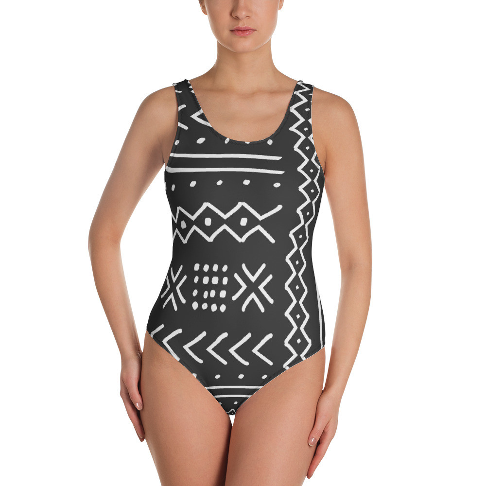 Black Mud Cloth Inspired One-Piece Swimsuit V