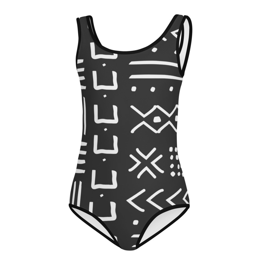 Kids Black Mud Cloth Inspired Swimsuit V