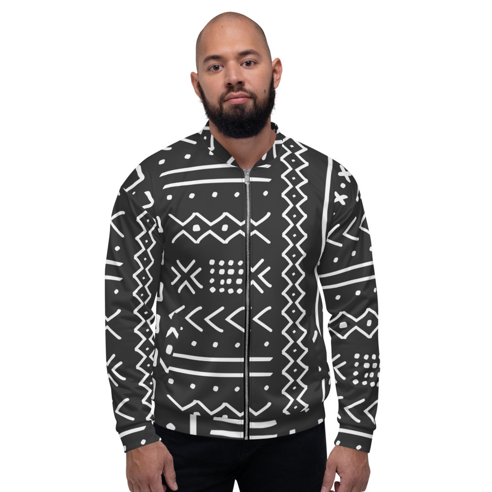 Black Mud Cloth Inspired Unisex Bomber Jacket V