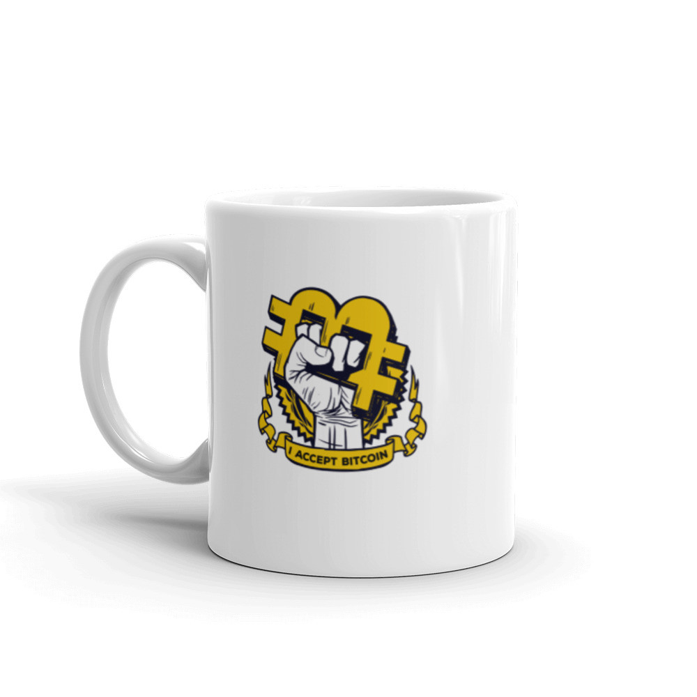 I Accept Bitcoin White Glossy Mug With Gold Emblem