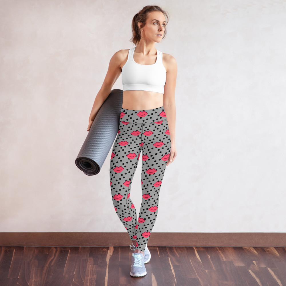 Red Lips with Black Dots on Charcoal Grey - Yoga Leggings with Style