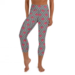 Red Lips with Black Dots on Charcoal Grey - Yoga Capri Leggings with Style