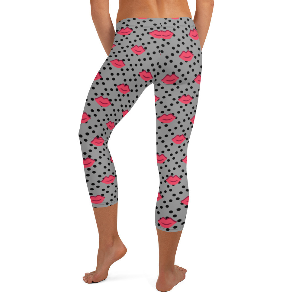 Red Lips with Black Dots on Charcoal Grey - Capri Leggings with Style