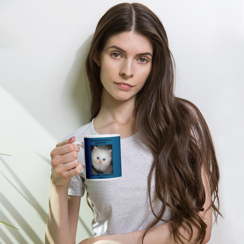 Kitty Password Reset - Blue on White glossy mug