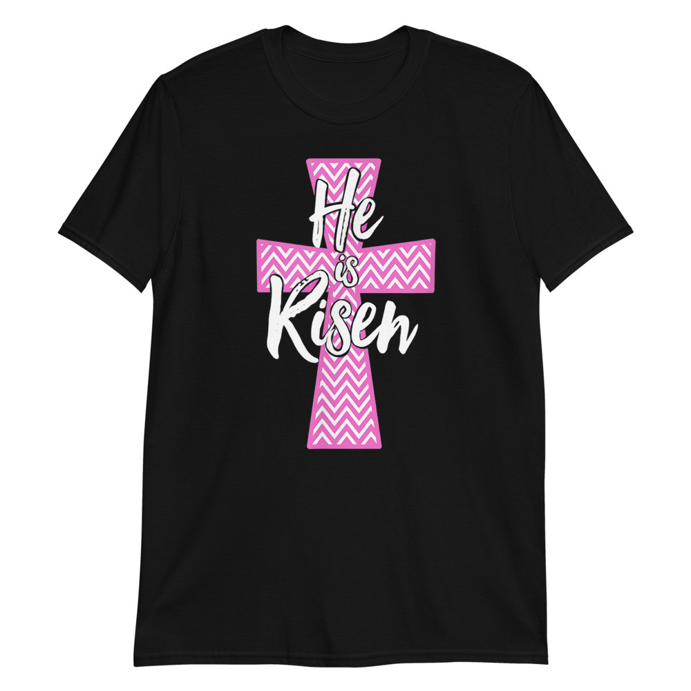 He Is Risen Pink Chevron Pattern Cross Unisex T-Shirt