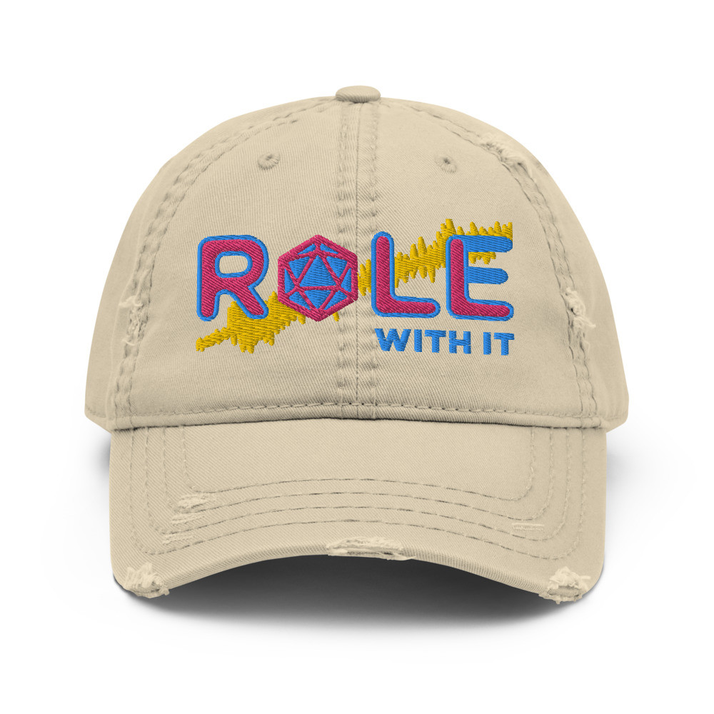 ROLL/ROLE WITH IT Bard 1 - Flamingo/Aqua-Teal/Gold on Distressed Dad Hat