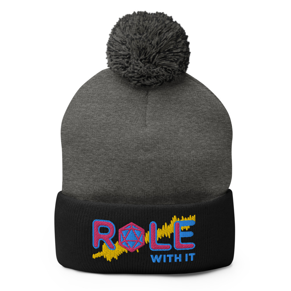 ROLL/ROLE WITH IT Bard 1 - Flamingo/Aqua-Teal/Gold on Pom-Pom Knit Beanie