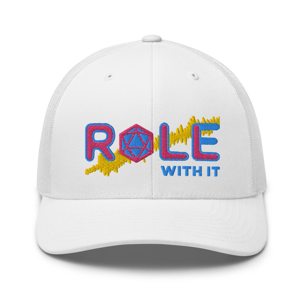 ROLL/ROLE WITH IT Bard 1- Flamingo/Aqua-Teal/Gold on Retro Trucker Hat