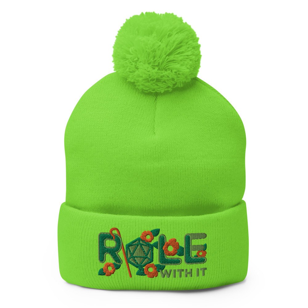 ROLL/ROLE WITH IT Druid 1 - Kelly Green/Kiwi Green/Orange on Pom-Pom Knit Beanie