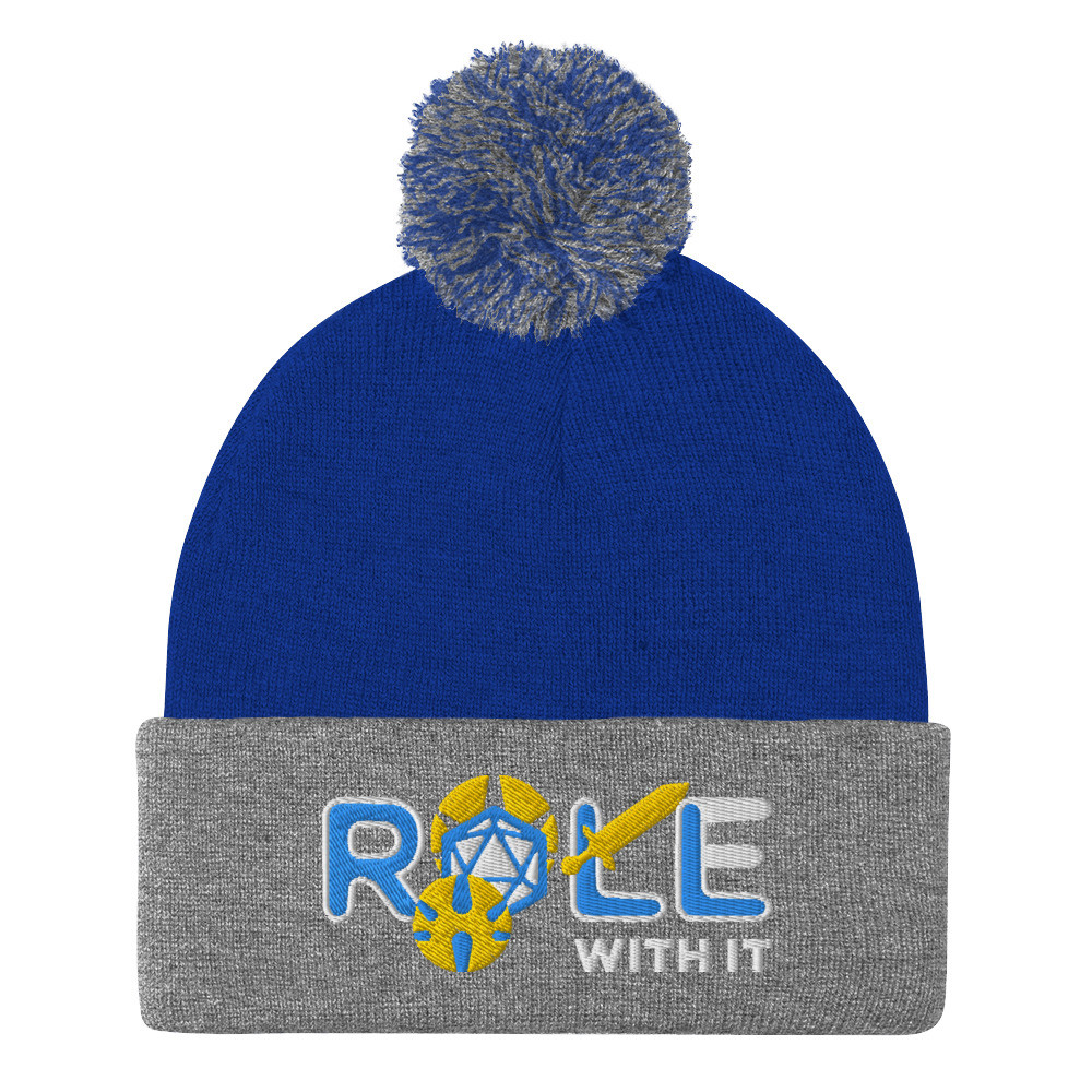 ROLL/ROLE WITH IT Paladin 1 - Aqua-Teal/White/Gold on Pom-Pom Knit Beanie