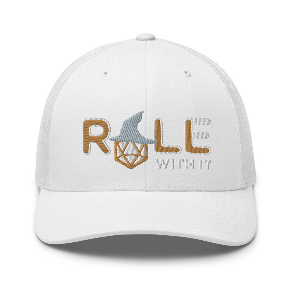 ROLL/ROLE WITH IT Wizard 1 - Old Gold/White/Gray on Retro Trucker Hat