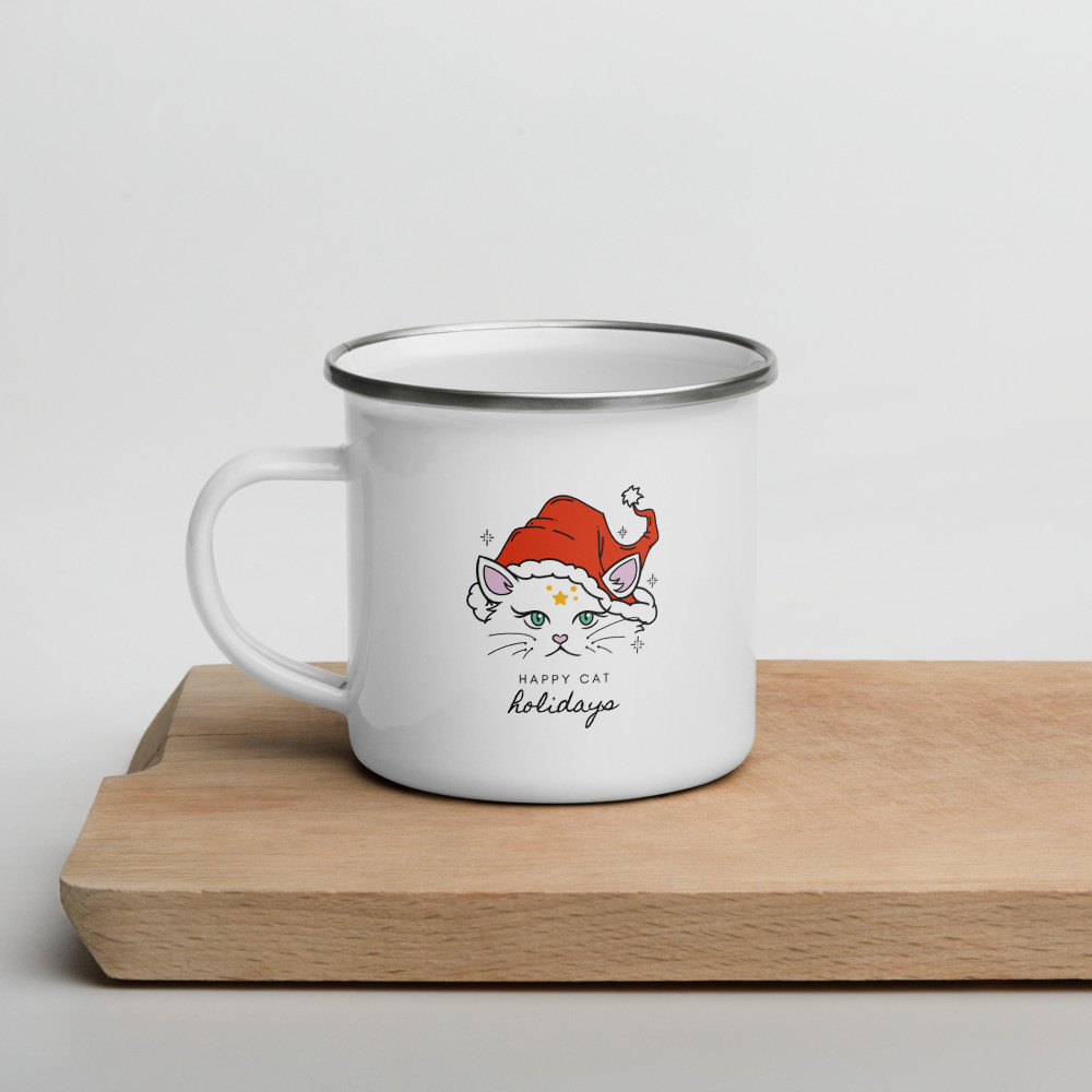 Enamel Mug: Happy Holiday Cat