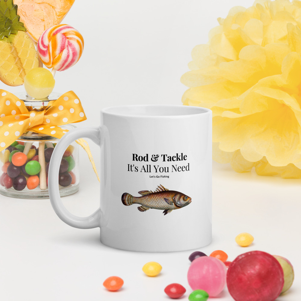White glossy mug: Rod & Tackle