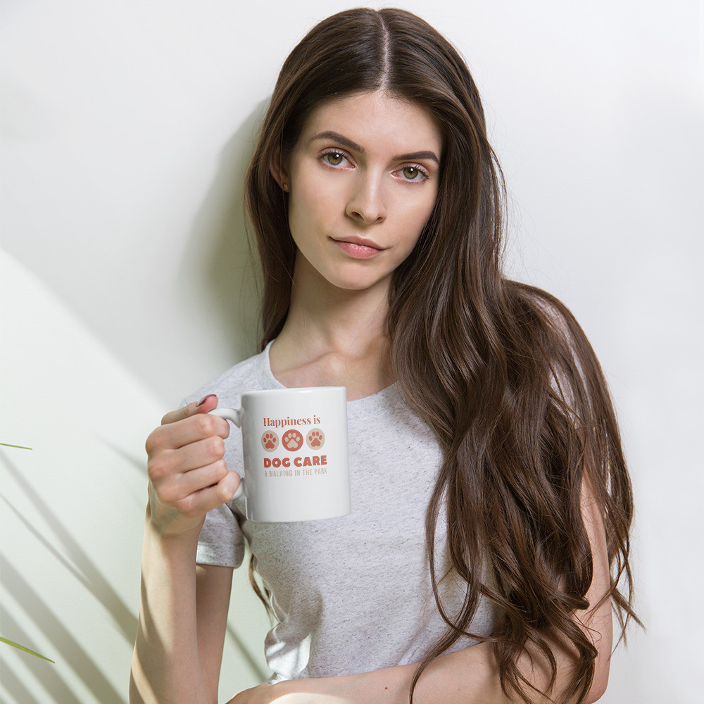 White glossy mug: Happiness is Dog Care