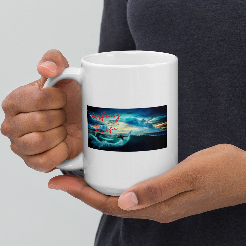 White glossy mug: Surfing is Life