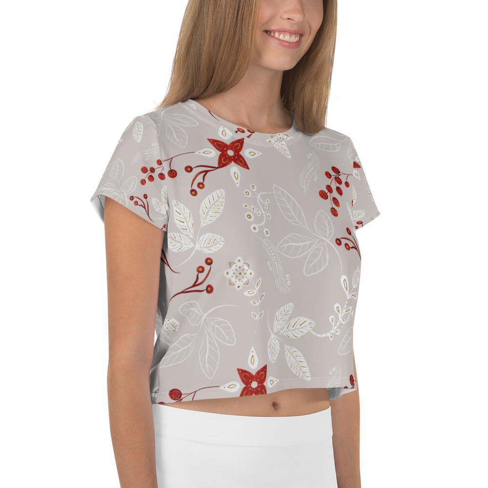 All-Over Print Crop Tee: Grey Leaves