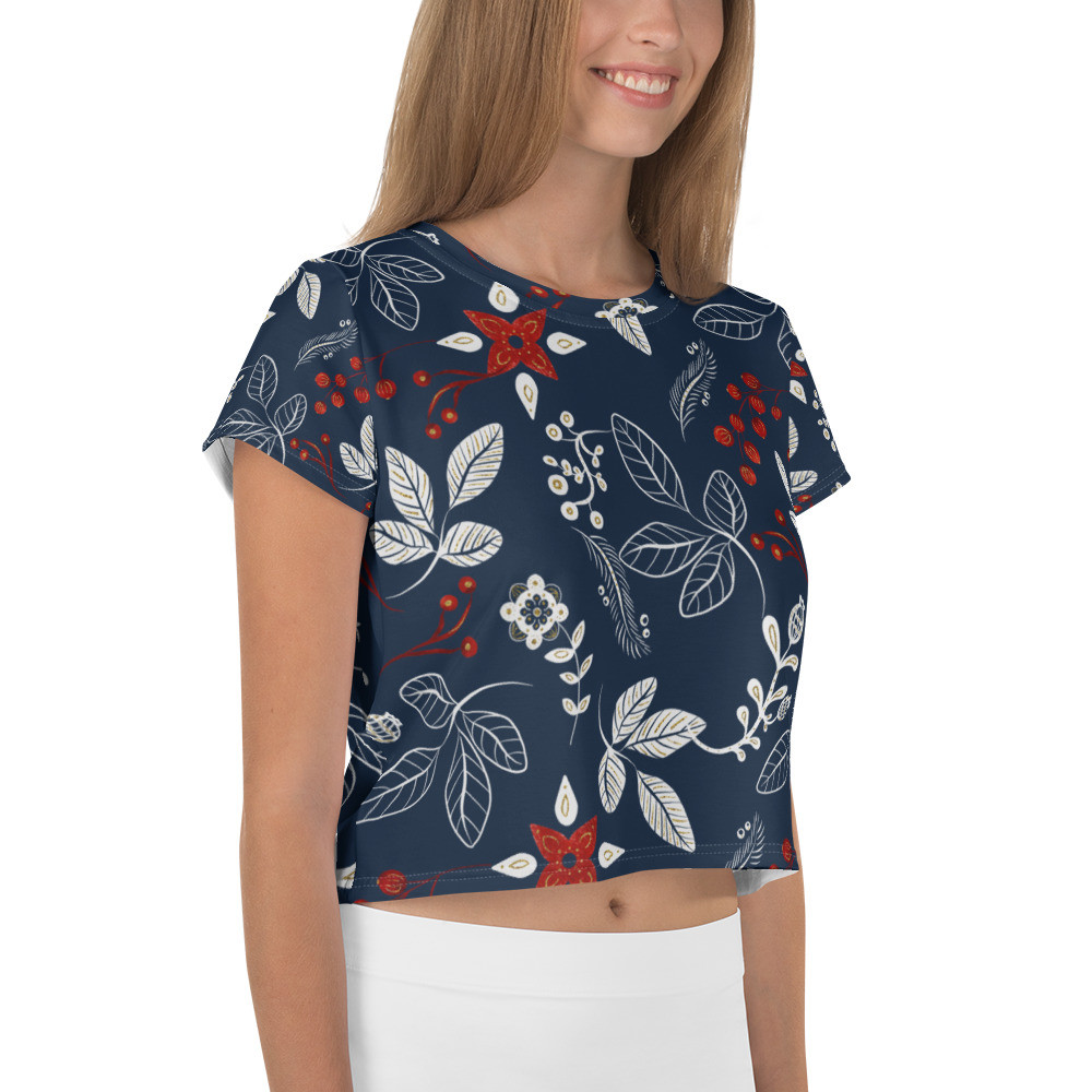 All-Over Print Crop Tee: Blue Leaves