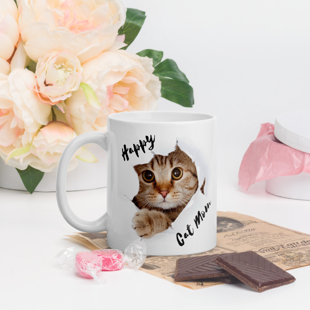 White glossy mug: Happy Cat Mom