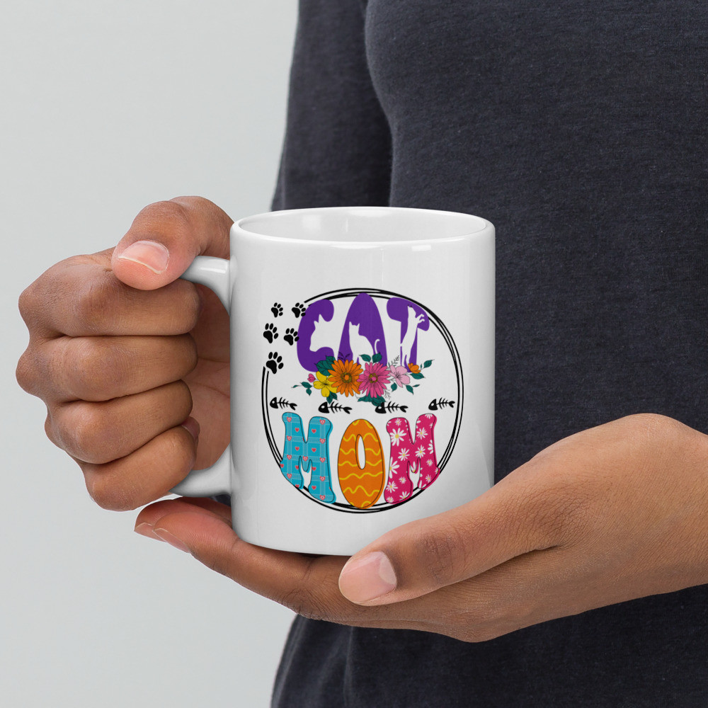 White glossy mug: Cat Mom