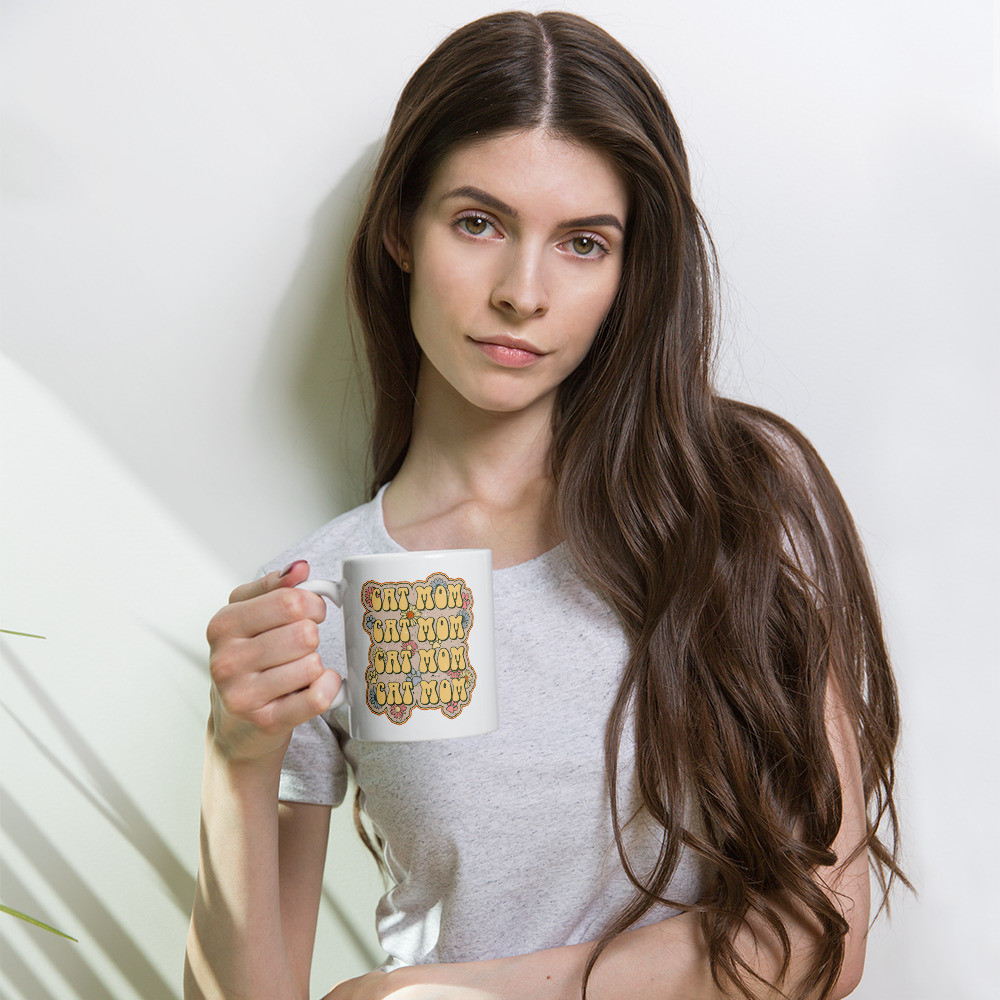 White glossy mug: Cat Mom II