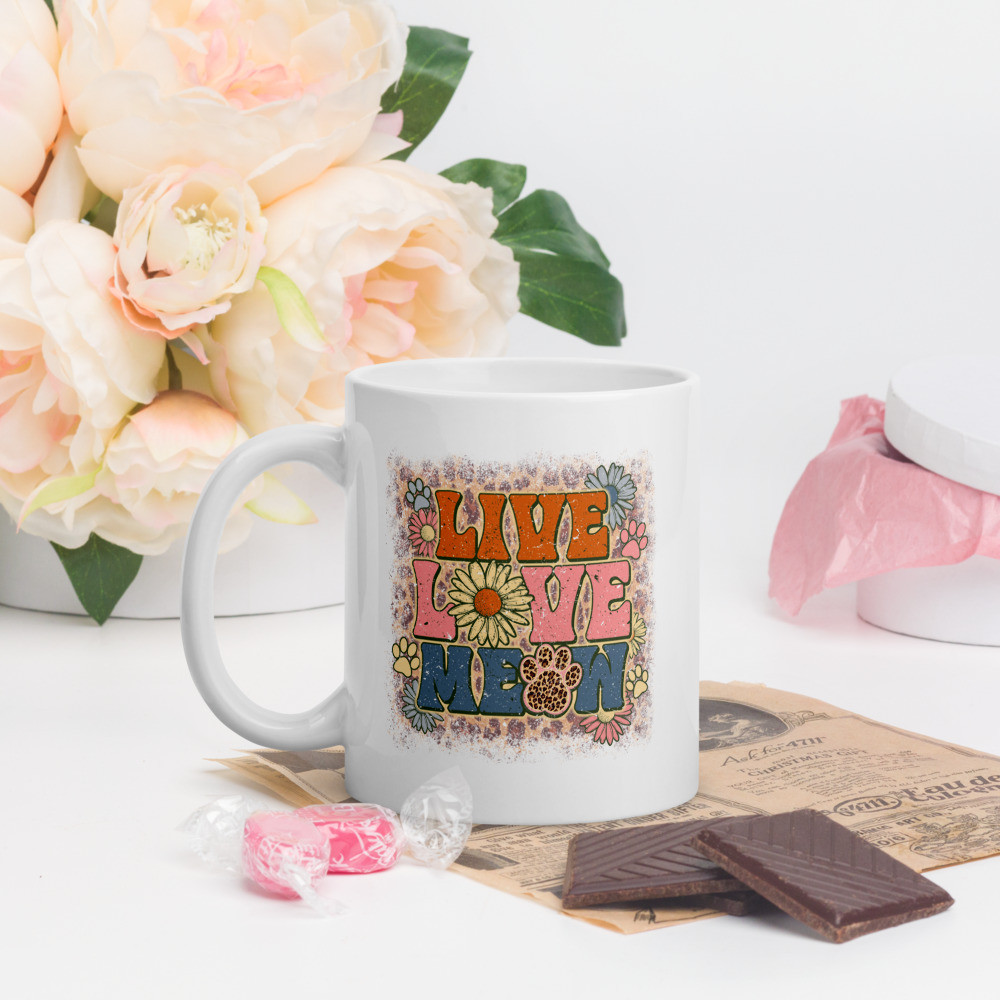White glossy mug: Live Love Meow