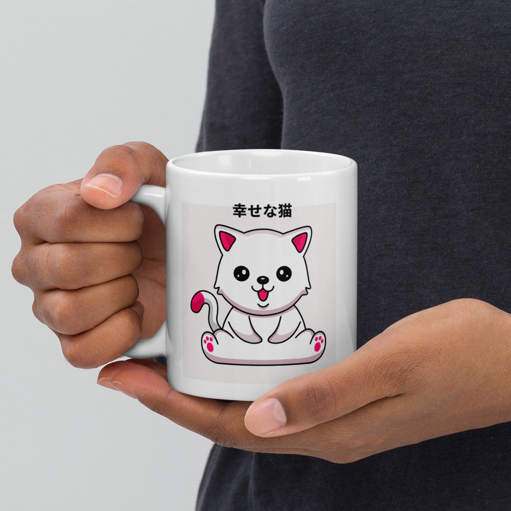 White glossy mug: Japanese Happy Cat