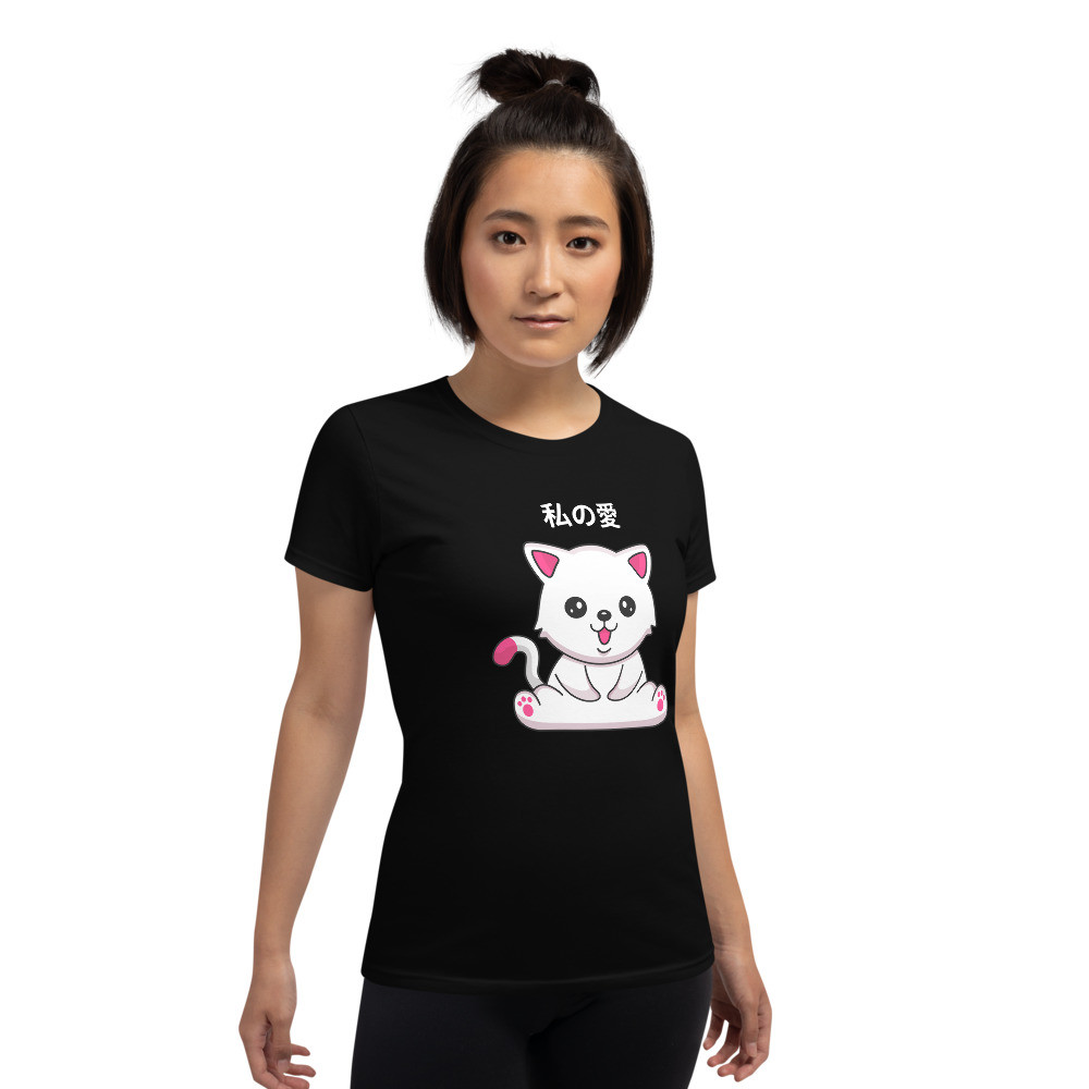 Women's short sleeve t-shirt: Japanese Happy Cat - White