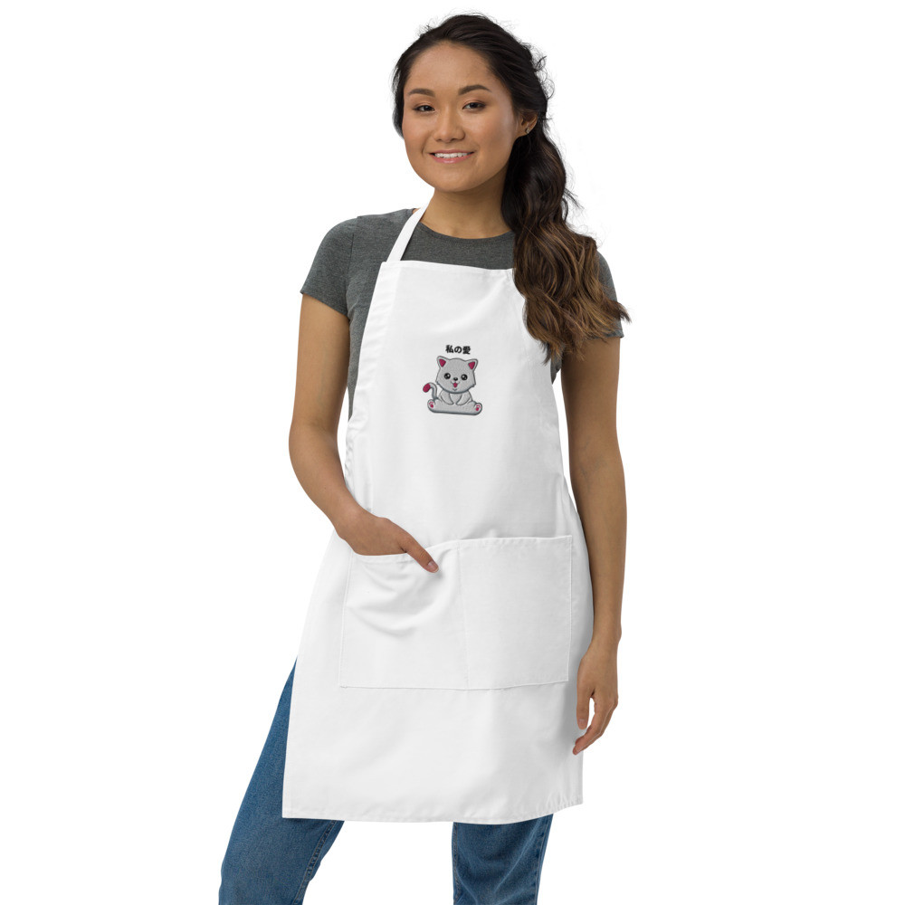 Embroidered Apron: Japanese Happy Cat - Black