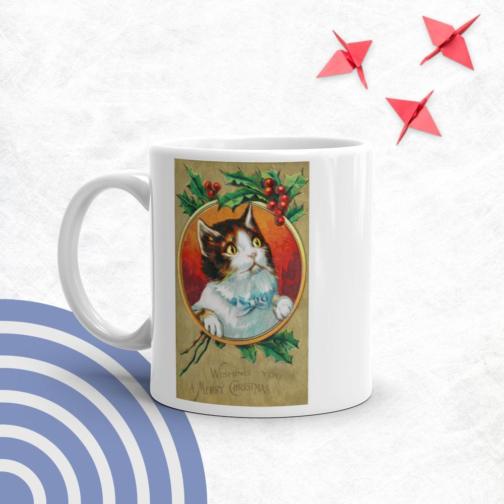 White glossy mug: Cat Wishing You A Merry Christmas
