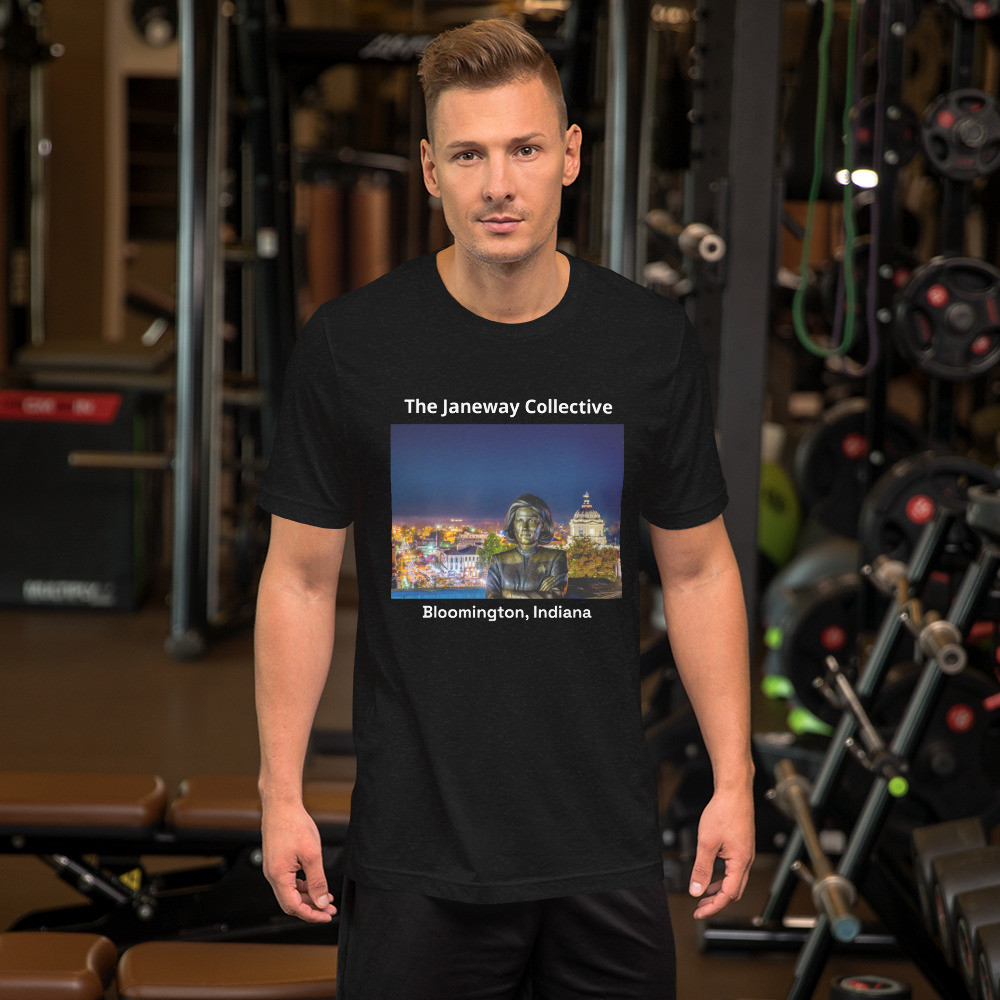Short-Sleeve Unisex T-Shirt: The Captain Janeway Statue illuminated by downtown Bloomington, Indiana 